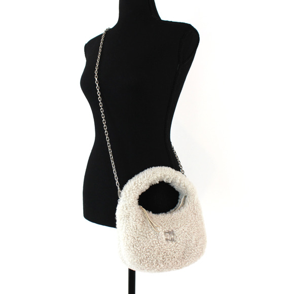 MIU MIU Wander Shearling 2 Way Ivory Handbag Silver Chainlink Shoulder Bag Logo - Picture 2 of 9